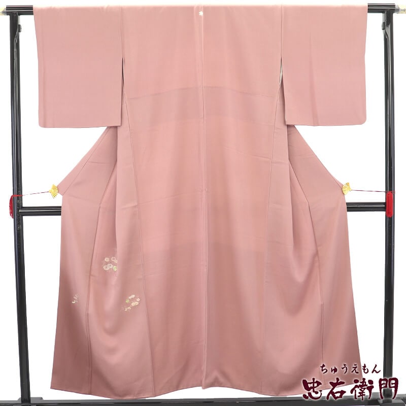 中古】 付下げ 一つ紋 橘 袷 レディース 正絹 灰桃 色分けぼかし 花