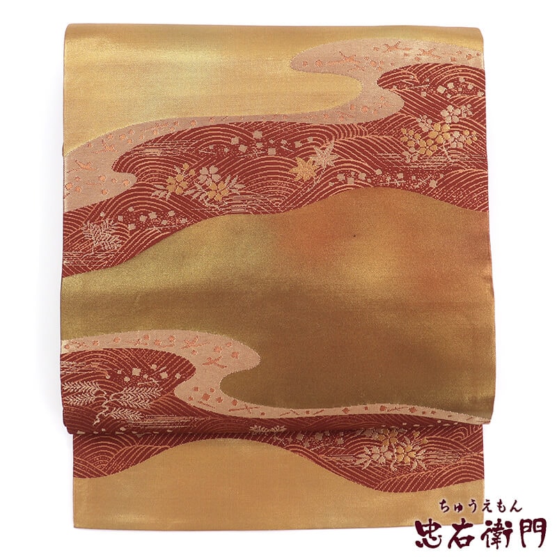 中古】 名古屋帯 なごや帯 リサイクル レディース 正絹 茶金 上品 長さ