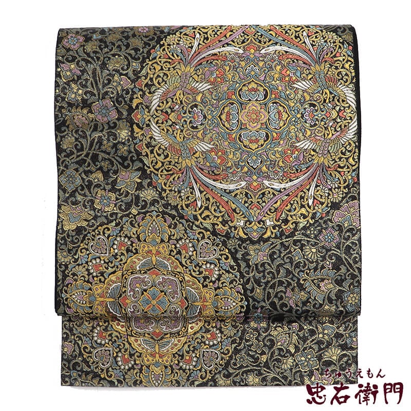 中古】 袋帯 フォーマル 正絹 六通柄 黒 金 天平彩華文 唐草 華文 鳳凰