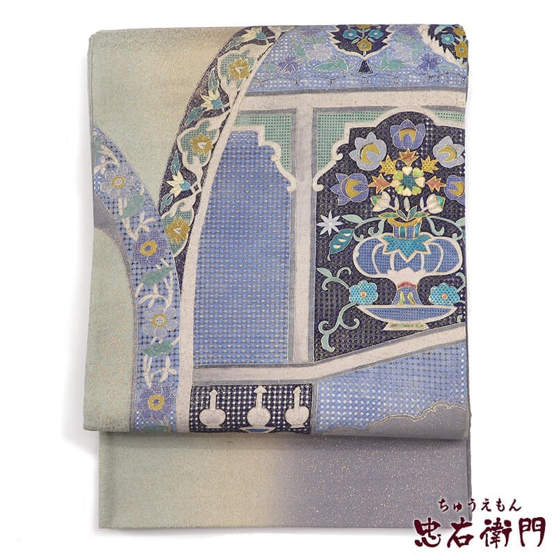 中古】 袋帯 フォーマル 正絹 お太鼓柄 グレー 汕頭刺繍 螺鈿 西洋柄