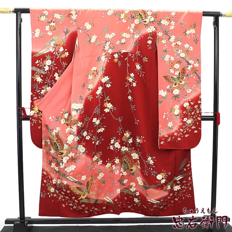 長襦袢 正絹 アンティーク 赤地 扇 蝶 花 J364 中古】 振袖 長襦袢 2点 セット 成人式 晴れ着 正絹 ピンク 赤 蝶々 扇