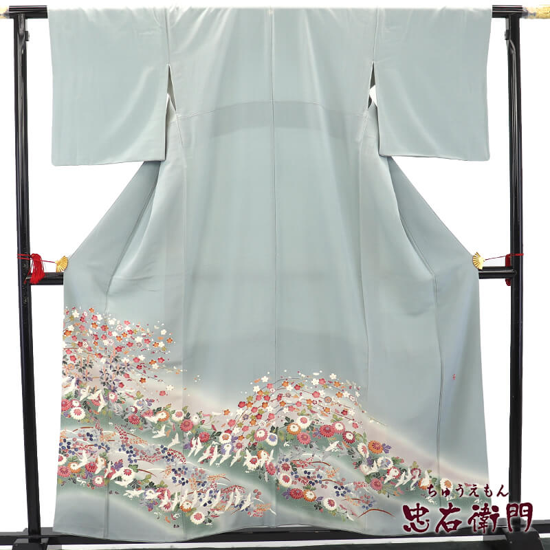 色留袖 留袖 一つ紋「木瓜」 袷 レディース 正絹 薄水色 手描き 花鳥 梅 身丈161.5cm 裄丈66cm 式典 お祝い Mサイズ相当 リサイクル着物 リユース着物 中古着物 送料無料 即日発送 【中古】
