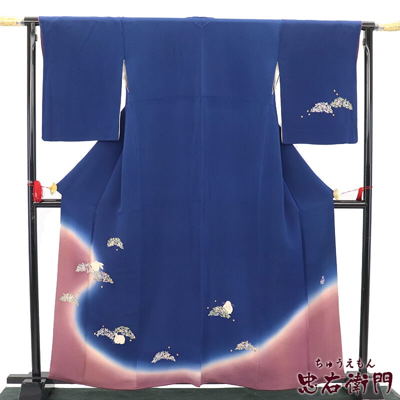 【中古】 訪問着 ホリ・ヒロシ フォーマル 袷 レディース 正絹 青 うさぎ 作家物 かわいい 落款 身丈163cm 裄丈68.5cm パーティ 式典 M〜Lサイズ相当 リサイクル着物 リユース着物 中古着物