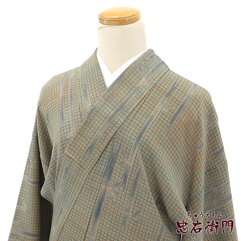 【中古】 小紋 小紋着物 袷 レディース 正絹 灰緑 笹 竹 身丈161cm 裄丈67cm カジュアル Mサイズ相当 リサイクル着物 リユース着物 中古着物 即日発送