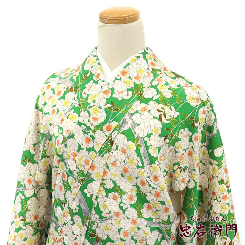小紋 小紋着物 袷 レディース 正絹 緑 花柄 枝花 身丈161cm 裄丈65cm カジュアル Mサイズ相当 リサイクル着物 リユース着物 中古着物 即日発送 【中古】