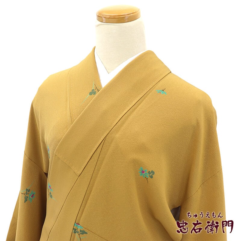 小紋 小紋着物 袷 レディース 正絹 辛子 花柄 身丈157.5cm 裄丈64.5cm カジュアル Mサイズ相当 リサイクル着物 リユース着物 中古着物 即日発送 【中古】