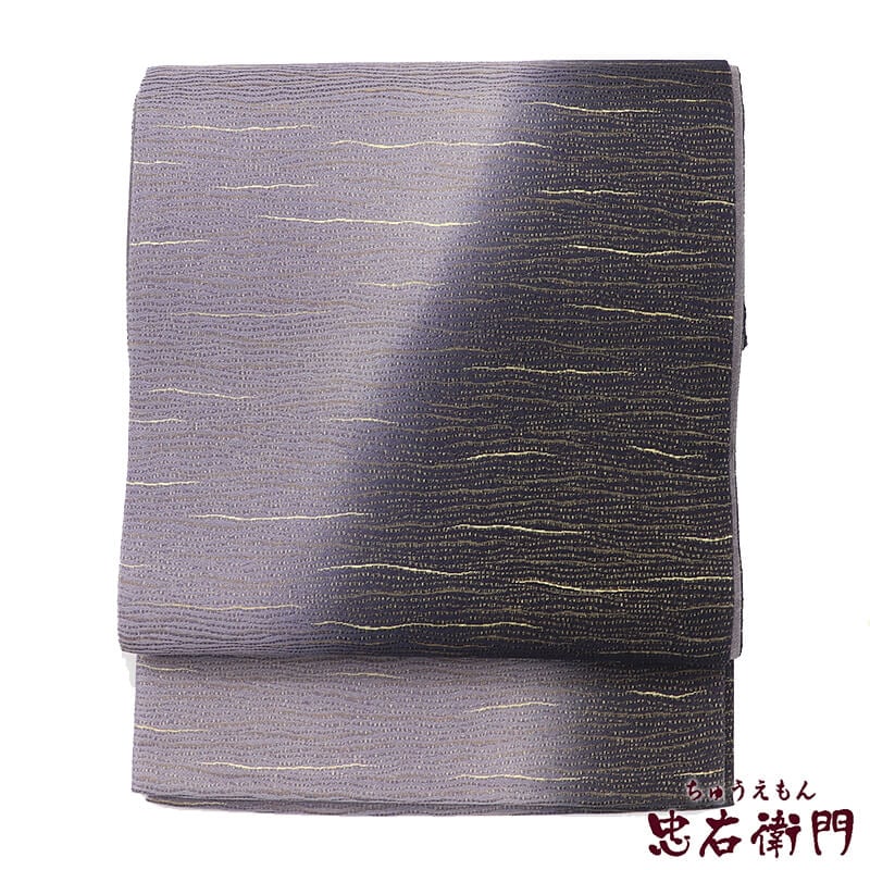 【中古】 袋帯 おしゃれ袋帯 洒落用 正絹 全通柄 紫 色ぼかし 横段 長さ445cm 幅31cm リサイクル 和装 おしゃれ着向き 着物 仕立て上がりリサイクル帯 送料無料 即日発送