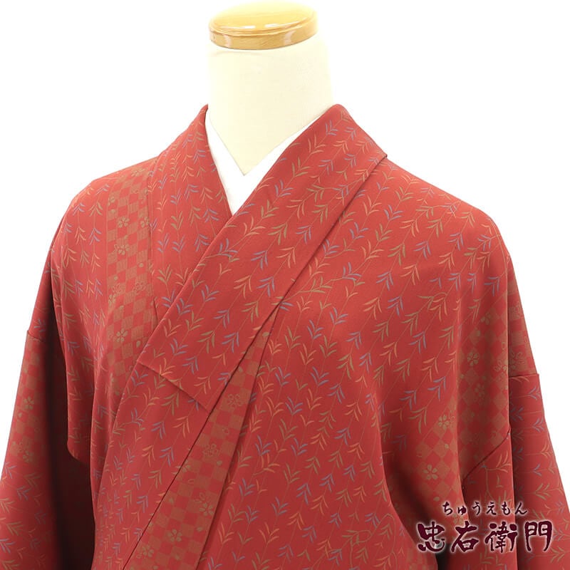 小紋 小紋着物 袷 レディース 正絹 臙脂 市松 桜 枝垂れ枝 身丈158cm 裄丈66cm カジュアル 街歩き 普段着 お稽古 Mサイズ相当 リサイクル着物 リユース着物 中古着物 即日発送 【中古】
