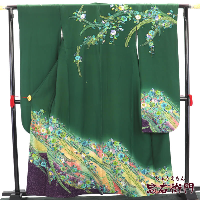 【20%OFF|年末年始SALE開催中】【中古】 振袖 長襦袢付き 2点セット 成人式 振り袖 正絹 緑 辻が花 落款 身丈162.5cm 裄丈67cm 販売 仕立て上がり リサイクル M〜Lサイズ相当 リサイクル着物 リユース着物 中古着物 送料無料 即日発送