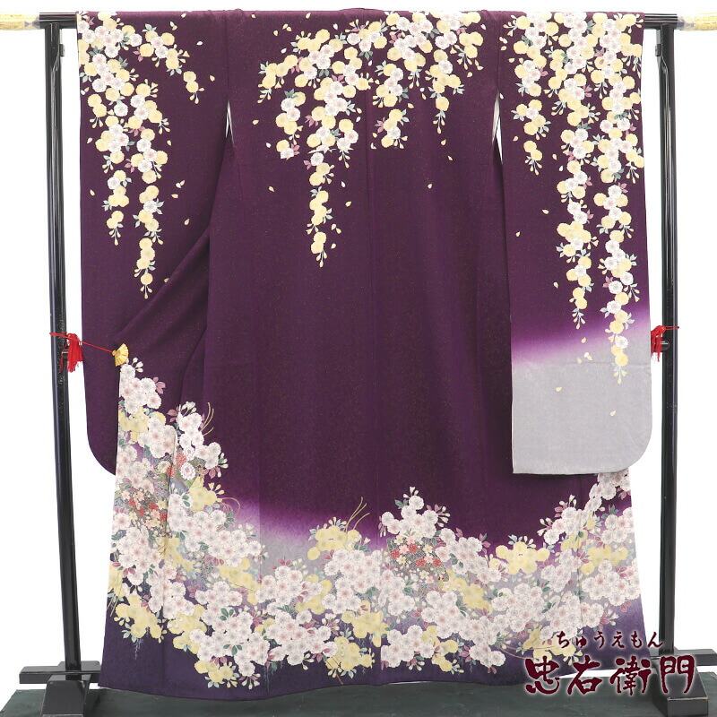 【20%OFF|年末年始SALE開催中】【中古】 振袖 長襦袢付き 2点セット 成人式 振り袖 正絹 紫 桜 扇文 古典柄 身丈164.5cm 裄丈68cm 販売 仕立て上がり リサイクル M〜Lサイズ相当 リサイクル着物 リユース着物 中古着物 送料無料 即日発送