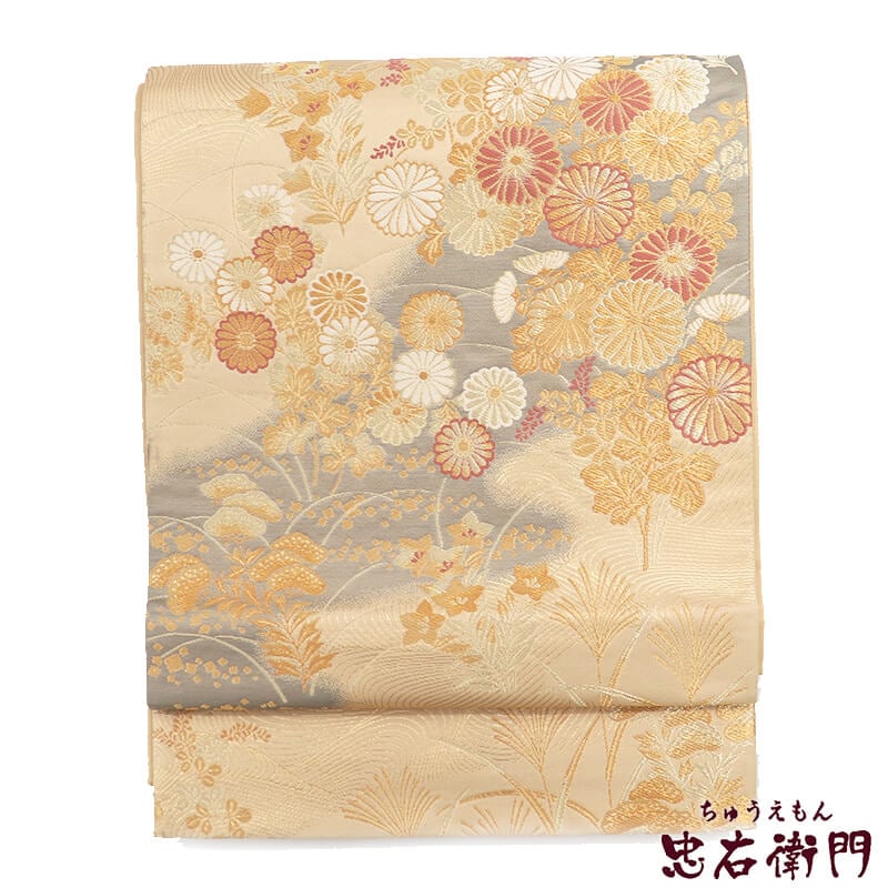中古】 袋帯 フォーマル 正絹 六通柄 金ベージュ 秋草文 菊 萩 長さ