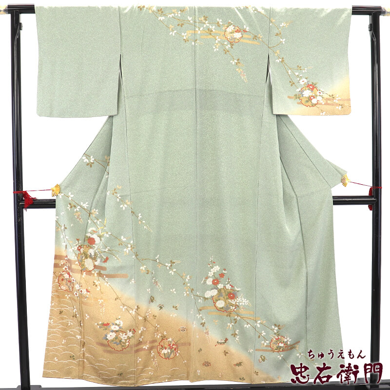 訪問着 一つ紋 袷 レディース 正絹 薄緑 雪輪 四季の花 身丈158.5cm 裄丈64cm 入学式 卒業式 七五三 Mサイズ相当 リサイクル着物 リユース着物 中古着物 送料無料 即日発送 【中古】