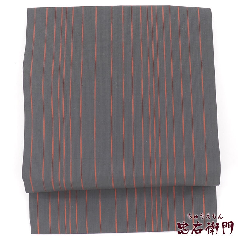 中古】 名古屋帯 なごや帯 正絹 全通柄 九寸帯 グレー 縞 小粋 長さ