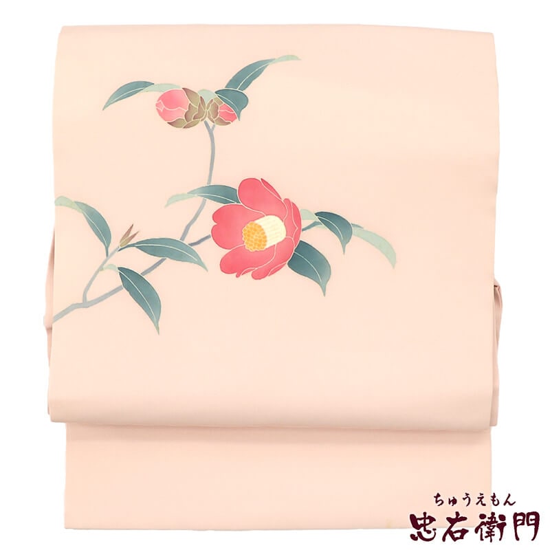 中古】 名古屋帯 なごや帯 正絹 お太鼓柄 九寸帯 薄ピンク 椿 長さ