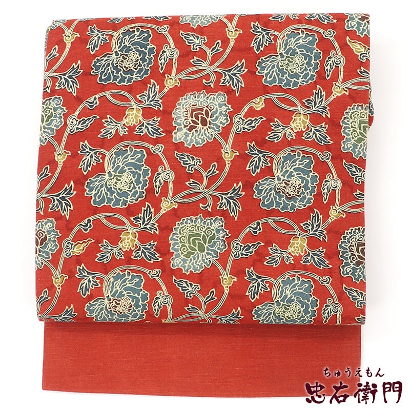 中古】 名古屋帯 なごや帯 正絹 全通柄 九寸帯 赤茶 花唐草 長さ368cm