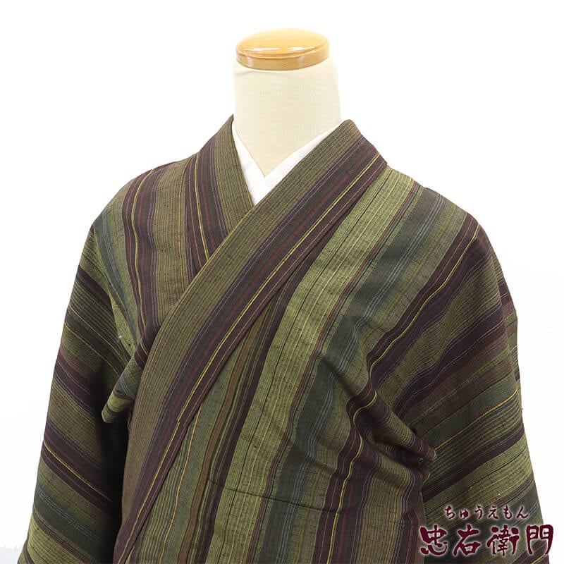 中古】 紬 証紙付き 本場真綿絢結城紬 袷 レディース 正絹 灰緑 縞