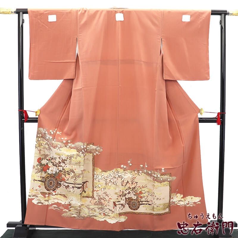 中古】 色留袖 留袖 訪問着仕立て 三つ紋 袷 レディース 正絹 茶桃