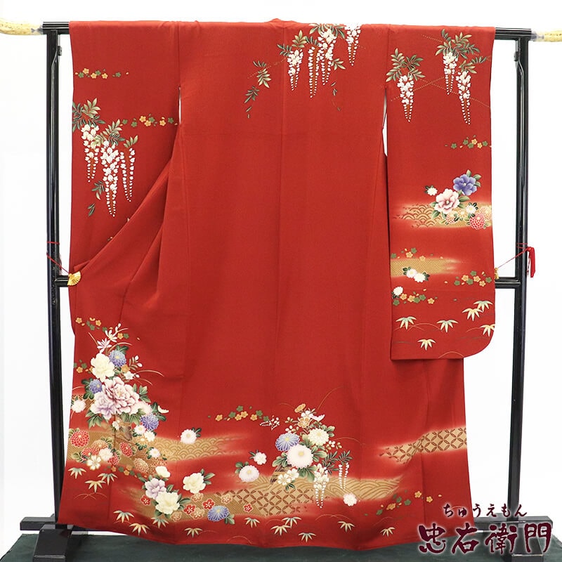 振袖 長襦袢 2点 セット 成人式 購入 正絹 赤 花束 菊 桜 古典柄 身丈165.5cm 裄丈66cm 練習 衣装 着付け 式典M〜Lサイズ相当 リサイクル着物 リユース着物 中古着物 送料無料 即日発送 【中古】