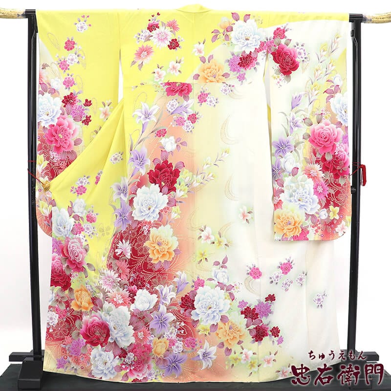 振袖 正絹 成人式 購入 振袖単品 黄色 薔薇 牡丹 花柄 豪華 今どき 身丈172cm 裄丈70cm 練習 衣装 着付け 式典Lサイズ相当 リサイクル着物 リユース着物 中古着物 送料無料 即日発送 【中古】