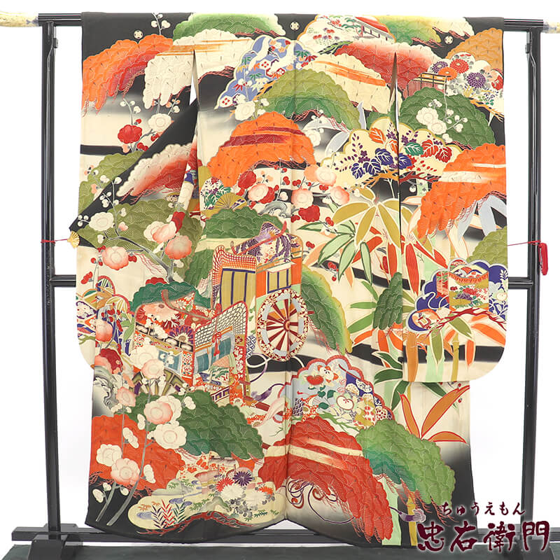 アンティーク振袖 正絹 成人式 購入 振袖単品 黒 豪華 吉祥柄 刺繍 ほつれあり 身丈161cm 裄丈64cm アンティーク ディスプレイ 素材向き リサイクル着物 リユース着物 中古着物 送料無料 即日発送 【中古】