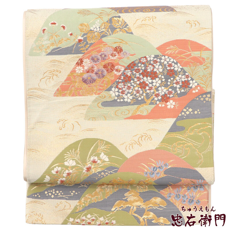 袋帯 フォーマル ふくろ帯 正絹 六通柄 ベージュ 金 琳派遠山文 上品 長さ436cm 幅31cm リサイクル 和装入学式 卒業式 七五三 式典 着物 仕立て上がりリサイクル帯 即日発送 【中古】