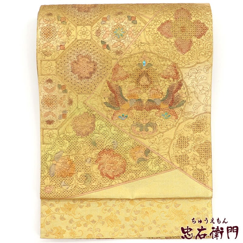 中古】 刺繍 袋帯 フォーマル ふくろ帯 正絹 お太鼓柄 金 切りバメ