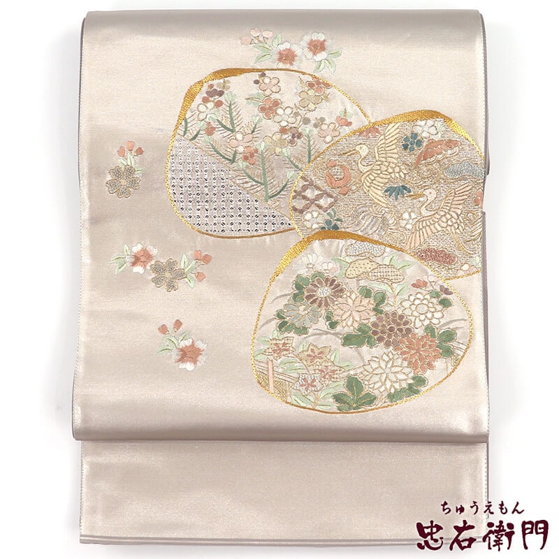 袋帯 フォーマル ふくろ帯 正絹 お太鼓柄 薄紫 刺繍 貝 蛤文 長さ487cm