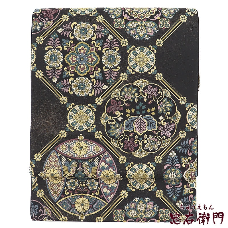 袋帯 正絹 六通柄 黒 飾宝天井華文 七宝 格天井 長さ434cm 幅31cm リサイクル 和装 礼装 フォーマル 着物 仕立て上がりリサイクル帯 送料無料 即日発送 【中古】