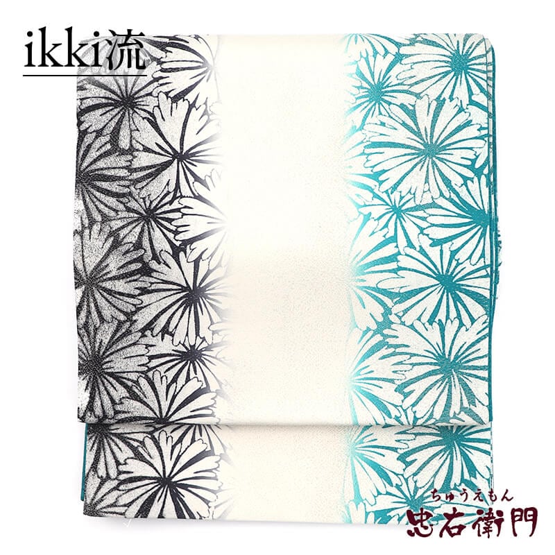 袋帯 ikiki流 リサイクル レディース 正絹 白 青緑 菊 長さ458cm 幅31.5cm 仕立て上がり帯 リサイクル帯 送料無料 即日発送 【中古】