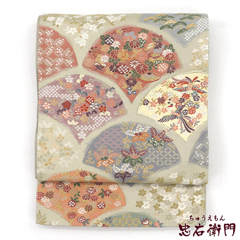 袋帯 正絹 六通柄 薄緑 青海波 桐 尾長鳥 伝統文様 長さ426cm 幅31cm リサイクル 和装 礼装 フォーマル 着物 仕立て上がりリサイクル帯 送料無料 即日発送 【中古】