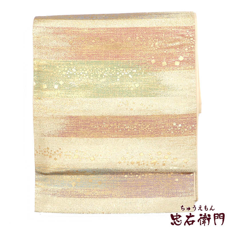 袋帯 ふくろ帯 正絹 六通柄 金ベージュ 霞 箔散らし 長さ439cm 幅31cm リサイクル 和装 入学式 卒業式 七五三 着物 仕立て上がりリサイクル帯 即日発送 【中古】