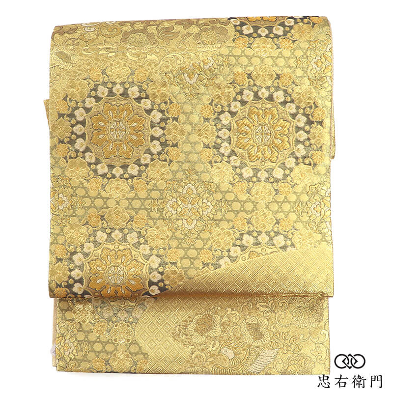 西陣織 袋帯 ふくろ帯 岡文織物 正絹 六通柄 金 銀 華文 鳳凰 華やか 長さ435cm 幅30.5cm リサイクル 和装 結婚式 式典 格調 着物 仕立て上がりリサイクル帯 即日発送 【中古】