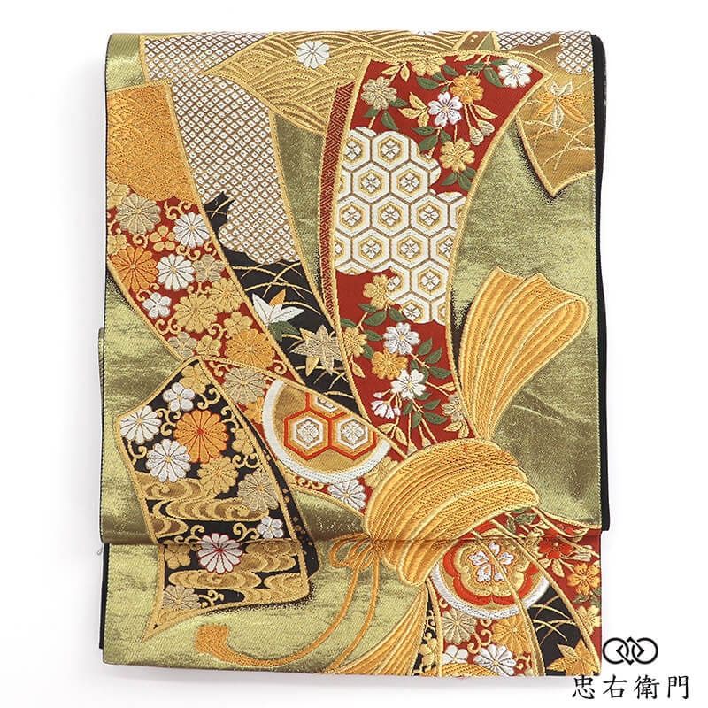 本金箔 袋帯 ふくろ帯 振袖向き 正絹 六通柄 金 束ね熨斗 花慶長寿文 長さ418cm 幅30.5cm リサイクル 和装 成人式 晴れ着 着物 仕立て上がりリサイクル帯 送料無料 即日発送 【中古】