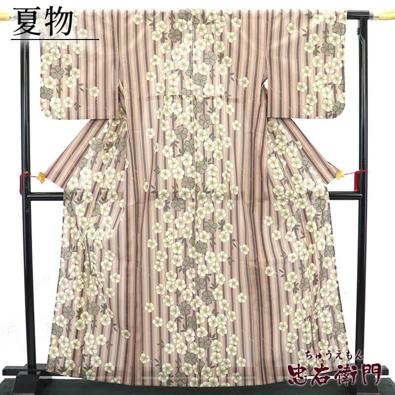 夏着物 絽小紋 小紋着物 レディース 化繊 茶 レトロ 桜 縞 身丈166.5cm