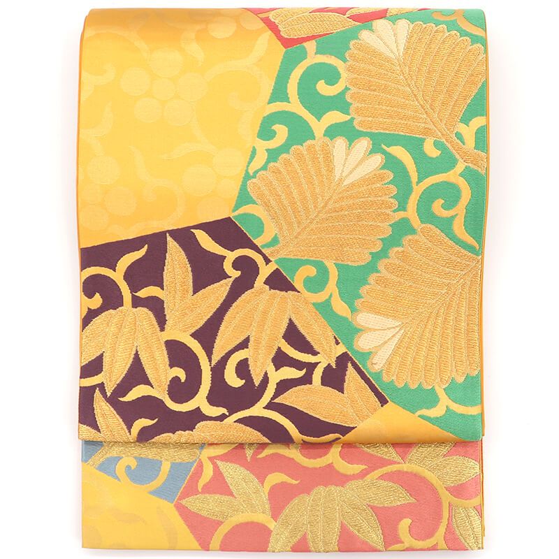 振袖 袋帯 ふくろ帯 成人式 正絹 六通柄 山吹色 松 笹 唐草 長さ440cm 幅31cm リサイクル 和装 結婚式 パーティ 観劇 お祝い 着物 仕立て上がりリサイクル帯 送料無料 即日発送 【中古】