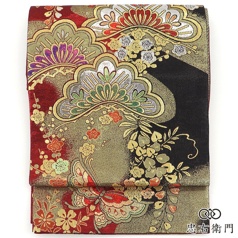 振袖 袋帯 ふくろ帯 成人式 正絹 六通柄 金 松 梅 蝶々 艶やか 長さ443cm 幅30.5cm リサイクル 和装 晴れ着 結婚式 着付け練習用 着物 仕立て上がりリサイクル帯 送料無料 即日発送 【中古】