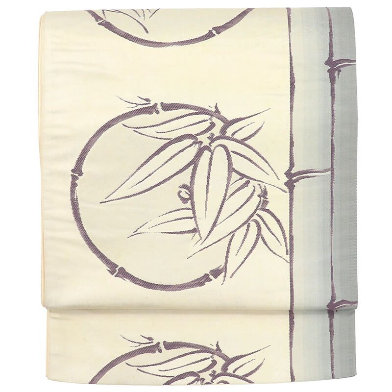 袋帯 ふくろ帯 正絹 六通柄 白 グレー 竹 笹 長さ437cm 幅30cm リサイクル 和装 観劇 ディナー イベント 着物 仕立て上がりリサイクル帯 即日発送 【中古】