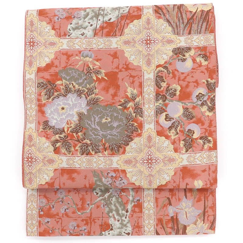 萬葉 袋帯 ふくろ帯 正絹 全通柄 朱 格天井 牡丹 梅 四季の花 長さ433cm 幅31cm リサイクル 和装 観劇 ディナー イベント 着物 仕立て上がりリサイクル帯 即日発送 【中古】