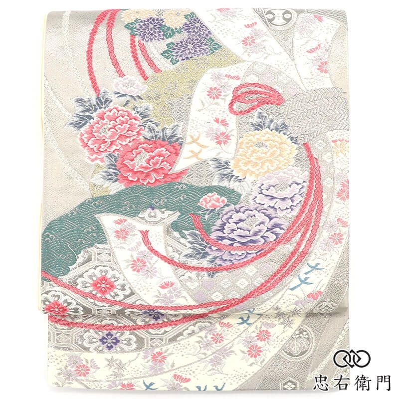 プラチナ箔 袋帯 ふくろ帯 正絹 六通柄 銀 束ね熨斗 牡丹 菊 長さ422cm 幅30.5cm リサイクル 和装 入学式 卒業式 七五三 着物 仕立て上がりリサイクル帯 即日発送 【中古】