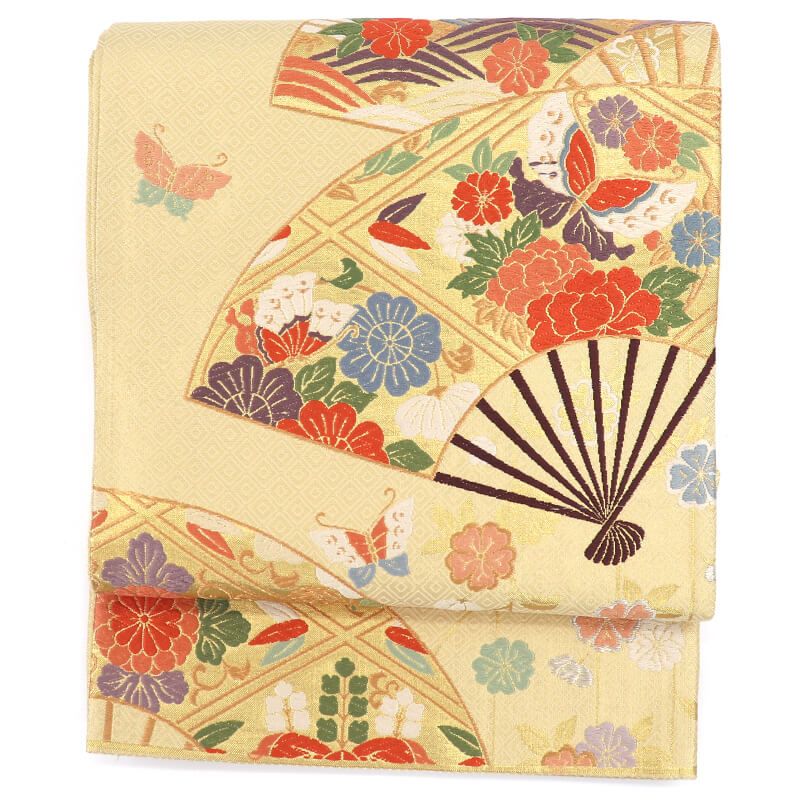 唐織 袋帯 ふくろ帯 正絹 六通柄 金 扇面 長さ430cm 幅31cm リサイクル 和装 入学式 卒業式 七五三 着物 仕立て上がりリサイクル帯 即日発送 【中古】