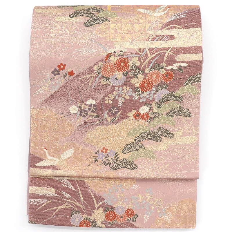 袋帯 ふくろ帯 正絹 六通柄 灰紫 松 鶴 碁盤縞 伝統文様 長さ421cm 幅31cm リサイクル 和装 お祝い パーティ 式典 着物 仕立て上がりリサイクル帯 即日発送 【中古】