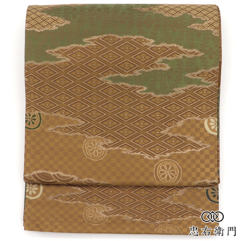 丸帯 アンティーク帯 正絹 全通柄 金茶色 伝統文様 市松 青海波 菱 長さ400cm 幅33cm リサイクル 和装 リメイク 手芸 材料用 着物 仕立て上がりリサイクル帯 即日発送 【中古】