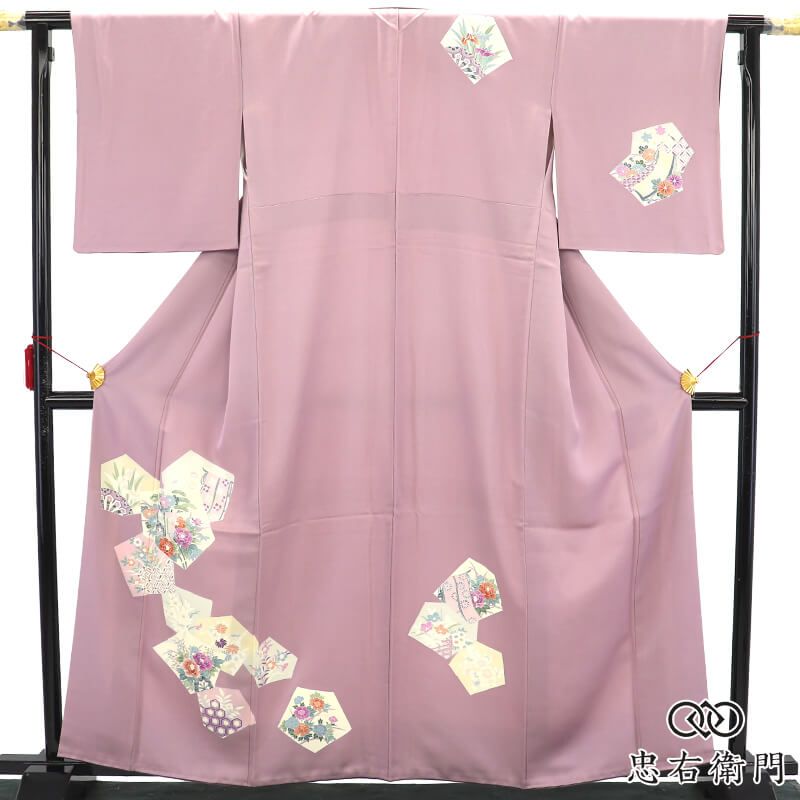 付下げ 袷 レディース 正絹 薄紫 御所車 牡丹 伝統文様 身丈164.5cm 裄丈67.5cm 観劇 展覧会 食事会 Lサイズ相当 リサイクル着物 リユース着物 中古着物 送料無料 即日発送 【中古】