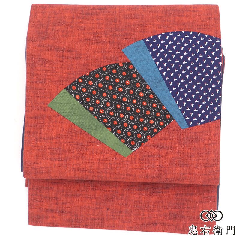 京袋帯 袋帯 カジュアル 綿 お太鼓柄 赤 地紙文 切りバメ 長さ359cm 幅31cm 街歩き ランチ会 お出掛け リサイクル帯 中古帯 仕立て上がり帯 レディース 女性用 着物 即日発送 【中古】