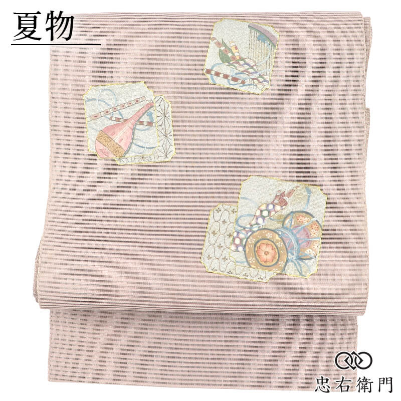 夏帯 絽綴れ 名古屋帯 なごや帯 正絹 八寸帯 お太鼓柄 灰紫 和楽器 笛 琵琶 刺繍 長さ377cm 幅30.5cm 夏着物 単衣着物 観劇 演奏会 お出掛け リサイクル帯 中古帯 仕立て上がり帯 レディース 女性用 着物 即日発送 【中古】
