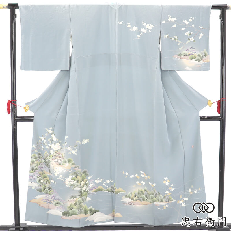 【今だけ|末広(扇)プレゼント】手描き 訪問着 袷 レディース 正絹 灰水色 風景柄 松 梅 伝統文様 身丈157.5cm 裄丈67cm フォーマル 入学式 卒業式 お茶会 パーティ Mサイズ相当 リサイクル着物 リユース着物 中古着物 送料無料 即日発送 【中古】