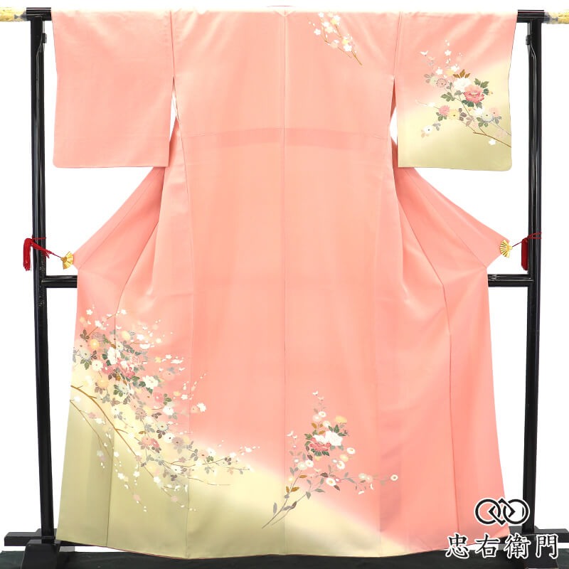 付下げ 袷 レディース 正絹 桃色 牡丹 菊 梅 伝統文様 身丈165.5cm 裄丈68cm フォーマル 入学式 卒業式 お茶会 パーティ Lサイズ相当 リサイクル着物 リユース着物 中古着物 送料無料 即日発送 【中古】