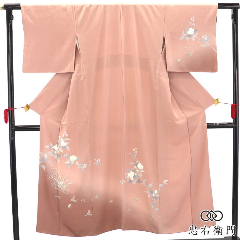 付下げ 袷 レディース 正絹 灰桃色 花 植物文様 草花 上品 身丈153cm 裄丈64cm 入学式 卒業式 七五三 パーティ Sサイズ相当 リサイクル着物 リユース着物 中古着物 即日発送 【中古】