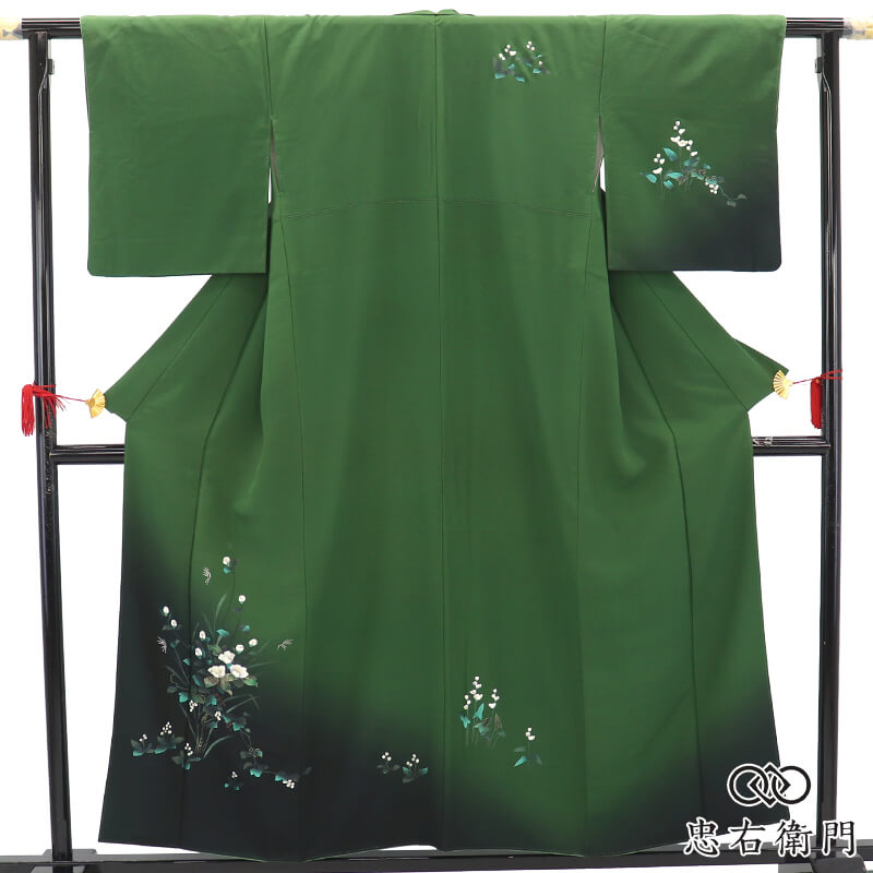 付下げ 袷 レディース 正絹 緑 花 蔦 モダン 上品 身丈159.5cm 裄丈65cm パーティ 観劇 会食 Mサイズ相当 リサイクル着物 リユース着物 中古着物 送料無料 即日発送 【中古】