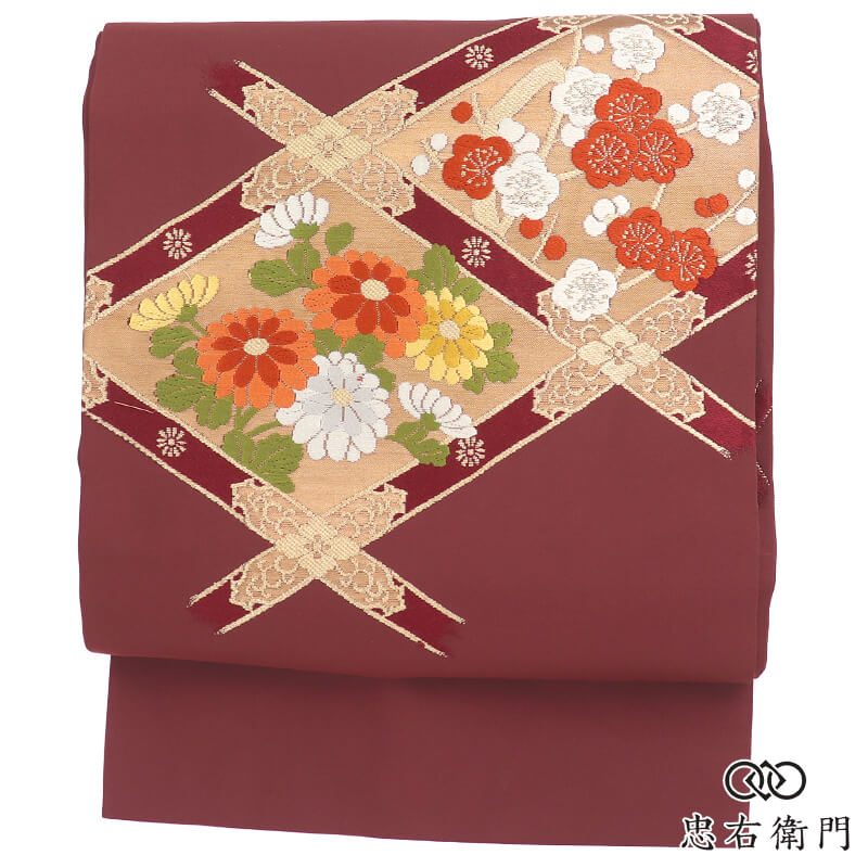 名古屋帯 なごや帯 正絹 九寸帯 お太鼓柄 臙脂 格天井文 梅 菊 長さ358cm 幅30cm お出掛け ランチ 練習用 お稽古 リサイクル帯 中古帯 仕立て上がり帯 レディース 女性用 着物 即日発送 【中古】